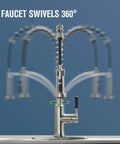 Pull Down Sprayer Kitchen Faucet With Single Handle In Brushed Nickel Finish, High Arc Gooseneck Spout, 360 Degree Rotation, Deck Plate Included, Workhorse Modern Commercial Farmhouse Style For Busy Home Kitchens shown swiveling 360 degrees against blue background