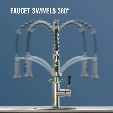 Pull Down Sprayer Kitchen Faucet With Single Handle In Brushed Nickel Finish, High Arc Gooseneck Spout, 360 Degree Rotation, Deck Plate Included, Workhorse Modern Commercial Farmhouse Style For Busy Home Kitchens shown swiveling 360 degrees against blue background