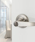 Keyed Entry Door Lever Lock With Reversible Backset For Exterior And Interior Doors Fits Two And Three Eighths To Two And Three Quarters Inch Thickness Universal Left Right Hand Nickel Brushed Finish Includes 3 Keys Durable Easy Install MR802ET installed on interior door
