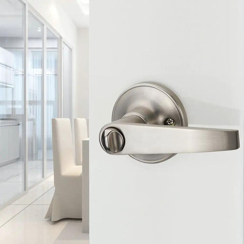Keyed Entry Door Lever Lock With Reversible Backset For Exterior And Interior Doors Fits Two And Three Eighths To Two And Three Quarters Inch Thickness Universal Left Right Hand Nickel Brushed Finish Includes 3 Keys Durable Easy Install MR802ET installed on interior door