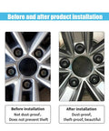 Before and after installation of 20 Pack 17mm Lug Nut Covers with Removal Tool for Wheel Bolts Durable Polypropylene Caps.