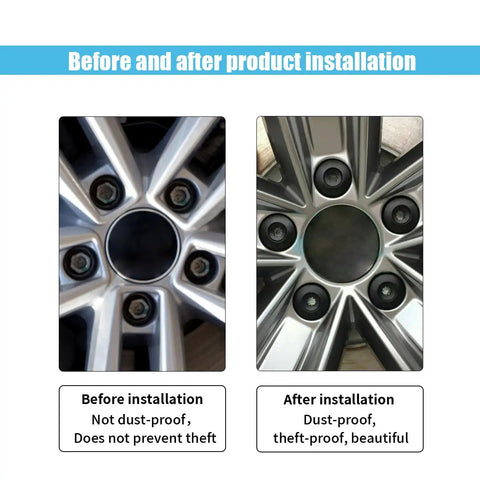 Before and after installation of 20 Pack 17mm Lug Nut Covers with Removal Tool for Wheel Bolts Durable Polypropylene Caps.