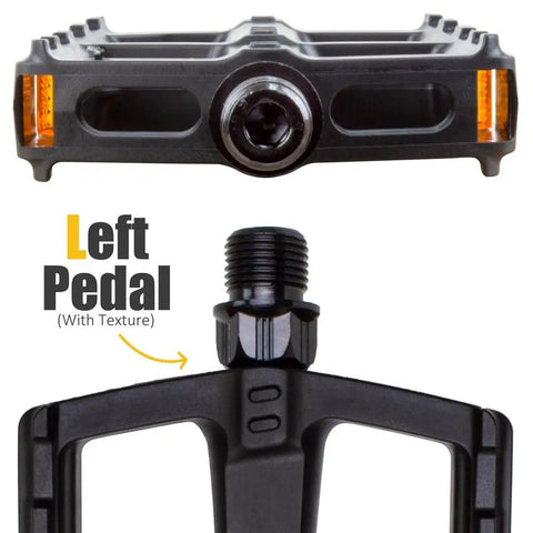 Close-up of left 9/16 Inch black bike pedal, showcasing non-slip texture and durable design, part of Two Set 9/16 Inch Bike Pedals Non Slip Lightweight Durable For Most Adult Bikes And MTBs Ready For City Cruising And Mountain Trails Comfortable Grip And Smooth Spin With EPB Bearing System.