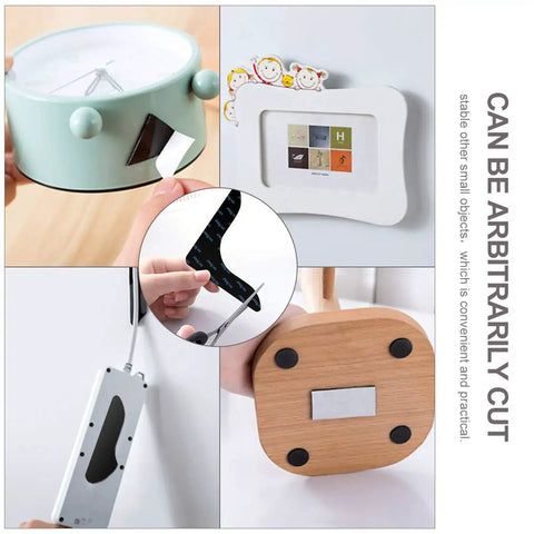 Clock, photo frame, and cutting demonstration with Never Curl No Slip Carpet Stickers 4 Pack Keep Area Rugs Flat And In Place.