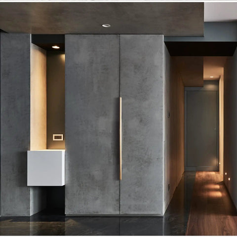 Low Profile Aluminum Edge Pulls Hidden Cabinet Handles With Screws in a sleek modern hallway