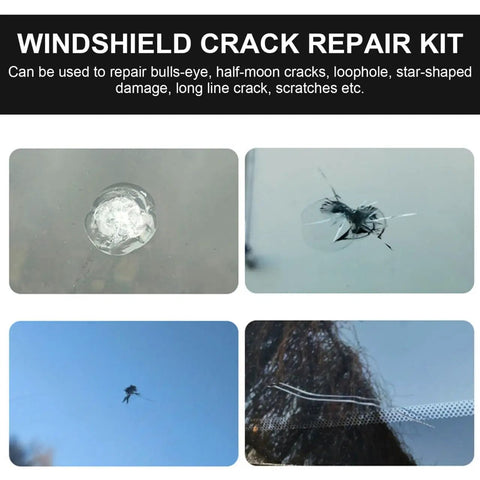 DIY Windshield Repair Kit For Long Cracks And Scratches Resin Based Glass Repair Tool Quick Fix At Home Auto Glass Repair Set For Cars And Trucks Easy To Use And Portable, showing various types of windshield damage.