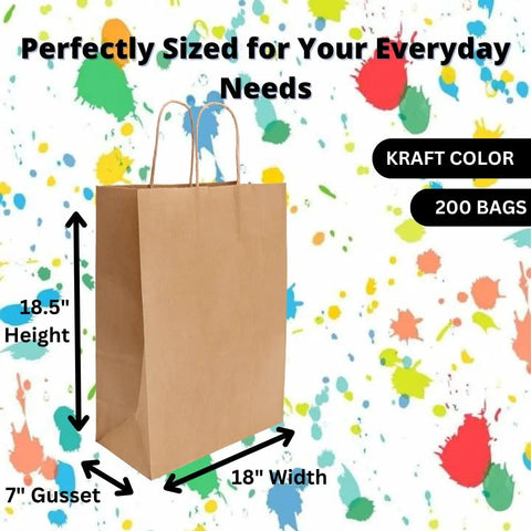 DIY Kraft Paper Bags 200 Pack 110 GSM Thick 18x7x18.5 Inch Twisted Handles Recyclable Eco Friendly Bulk Bags
