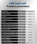 L6N Single Point Load Cell Product Parameters Chart detailing weights and performance specifications, for 3Kg to 100Kg.