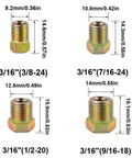 Four 3/16 inch fittings with dimensions, from Two 25 Feet 3/16 Brake Line Copper Nickel Tubing Repair Kit With Stainless Steel Clamps