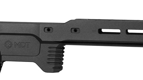 Close-up of ACC Elite Remington 700 SA RH Chassis System For Precision Rifle Stock Build, durable black construction detail.