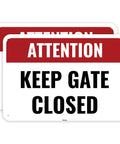 Two Pack Keep Gate Closed Signs Real Deal Heavy Duty Aluminum Yard Warning Plates Outdoor Pet Safety Markers Please Close Gate Message displayed.