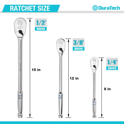Professional Grade Heavy Duty Ratchet Set 3 Piece Extra Long 90 Tooth Chrome Vanadium Steel 1/4 3/8 1/2 Inch Drive sizes comparison
