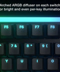 Close-up of Smooth Riding Mechanical Gaming Keyboard With Ultra Quiet Linear Switches showing arched ARGB diffusers for key illumination.