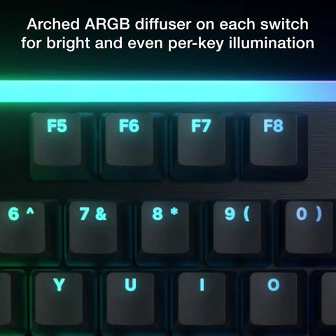 Arched ARGB diffusers illuminate F5 to F8 keys on Dead Silent Mechanical Keyboard Built For Smooth Keys With Factory Lube Switches And Double Shot Pbt Caps.