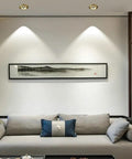 Rock Solid 4.3 Inch Adjustable Eyeball Led Recessed Downlight Solid Brass Housing Baffle Trim 14 Watt 6000k Cool White illuminating a modern living room.