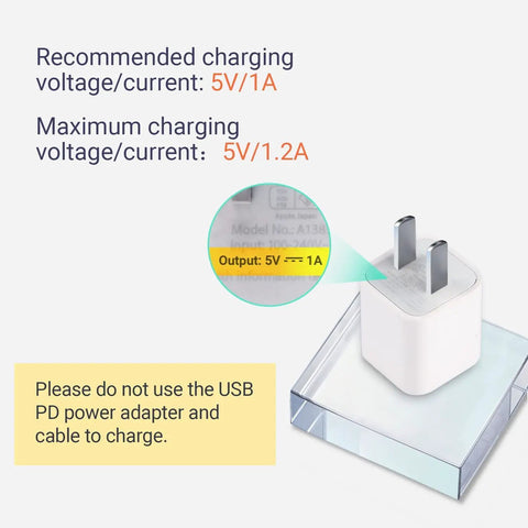 White electrical adapter highlighting 5V/1A output on a transparent platform with caution to avoid USB PD power adapter.