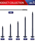 Different sizes of pocket hole screws with SQ2 drive bit, showcasing various lengths and coarse threads for woodworking.