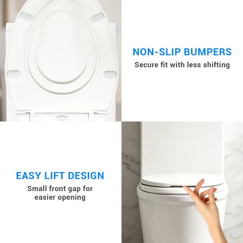 Non-slip bumpers and easy lift design of the Hassle Free Quick Swap Elongated Toilet Seat With Built In Toddler Potty Chair.