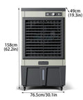Mobile Pedestal Evaporative Cooler With Easy Top Fill Tank 3 In 1 Swamp Air Cooling Fan, front view with dimensions shown.