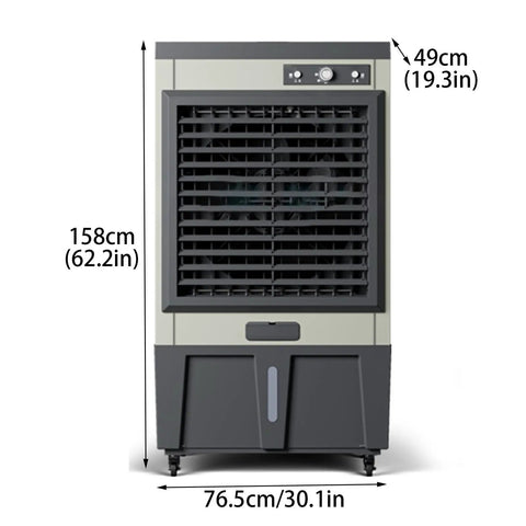 Mobile Pedestal Evaporative Cooler With Easy Top Fill Tank 3 In 1 Swamp Air Cooling Fan, front view with dimensions shown.