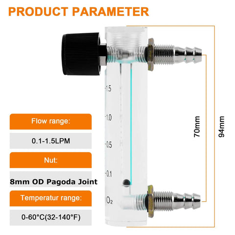 Go To Oxygen Flow Meter 0.1 To 1.5 LPM Gas Regulator With Copper Connector, showing product parameters and copper fitting