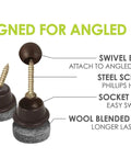 16 Pack Screw On Chair Levelers With Swivel Felt Sliders for angled legs showing screw, socket cup, and wool felt base details.