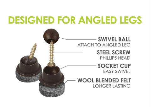 16 Pack Screw On Chair Levelers With Swivel Felt Sliders for angled legs showing screw, socket cup, and wool felt base details.