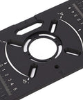 Solid Build Aluminum Router Table Insert Plate With Dual Inch And Centimeter Markings Universal Fit black finish showing precision scale and cutouts.