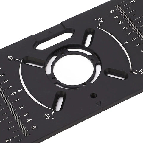 Solid Build Aluminum Router Table Insert Plate With Dual Inch And Centimeter Markings Universal Fit black finish showing precision scale and cutouts.