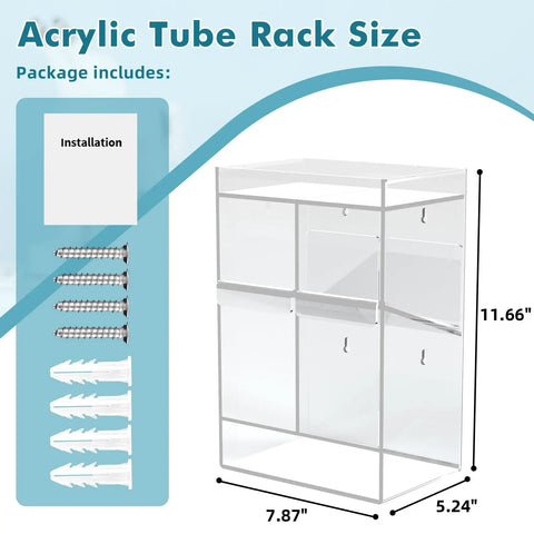 Clear Test Tube Rack With Four Compartments, Extra Bottom Storage Space And Two Pull Out Trays, Wall Mount Or Countertop Lab Organizer dimensions and parts included
