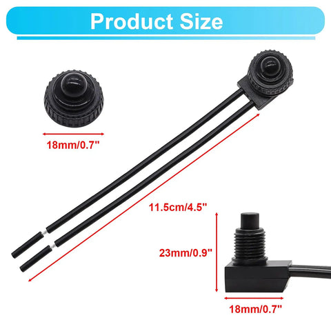 Two Pack Waterproof 12V Push Button Switch SPST On Off For RV Motorcycle Auto Car Bathroom Fan with size dimensions and wire leads shown