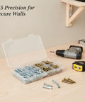 100 Piece Heavy Duty M5 Drywall Anchor And Screw Set with storage box, drill, tape measure, and level on wooden table