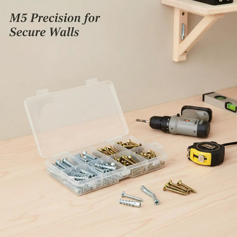 100 Piece Heavy Duty M5 Drywall Anchor And Screw Set with storage box, drill, tape measure, and level on wooden table