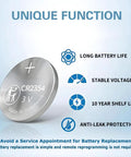 Image showcasing a CR2354 battery with features: long battery life, stable voltage, 10-year shelf life, anti-leak. For Tesla Model X key fob.