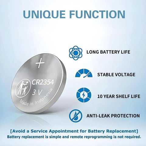 Image showcasing a CR2354 battery with features: long battery life, stable voltage, 10-year shelf life, anti-leak. For Tesla Model X key fob.