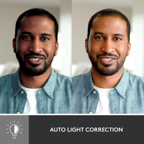 Comparison image showing auto light correction features of Straight Up 1080P Webcam With Smart Auto Lighting Show Mode.