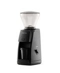 Premium Black Conical Burr Coffee Grinder Crafted For On Point Espresso Pulls Featuring Slick Micro Dial Controls A Top Shelf Build That Always Delivers The Goods For Real Coffee Heads - Side angle view with transparent hopper.