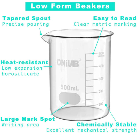 Glass Beaker Set Pack Of Five With 50ml 100ml 250ml 500ml 1000ml Griffin Low Form 3.3 Borosilicate Printed Graduation For Laboratories Classrooms Or Home Use ASTM E960 Type I showing 500ml beaker with graduation markings and tapered spout.