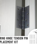 Spring Loaded Door Hinge Pin Replacement Kit With 12 Stainless Steel Shelf Pins And 2 Hex Wrenches For Self Closing Doors Fits Three Point Five Inch Four Inch And Four Point Five Inch Pins No Brainer Easy Diy Install Durable Heavy Duty Hardware displayed with hinge