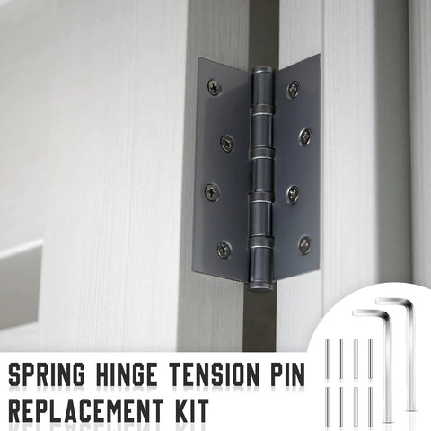 Spring Loaded Door Hinge Pin Replacement Kit With 12 Stainless Steel Shelf Pins And 2 Hex Wrenches For Self Closing Doors Fits Three Point Five Inch Four Inch And Four Point Five Inch Pins No Brainer Easy Diy Install Durable Heavy Duty Hardware displayed with hinge