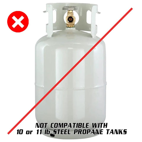 Image showing a steel propane tank marked incompatible with Stainless Steel Propane Bracket For Ten Pound Tanks Marine Grade Black Finish Beefy Build For Rugged Boat Use Fits Worthington Ten Pound Tank Durable Boat Ready Holder.