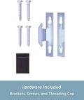 Heavy Duty Curtain Rod Set Pack Of 2 For 18 To 28 Inch Windows With Lock Seam Design And Two And A Half Inch Projection Hardware Included In Sleek Black Finish, showing mounting brackets and screws