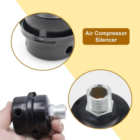 Close-up of Pack Of 2 Air Compressor Silencers With Replacement Elements, metal thread intake filter silencer shown in hand.
