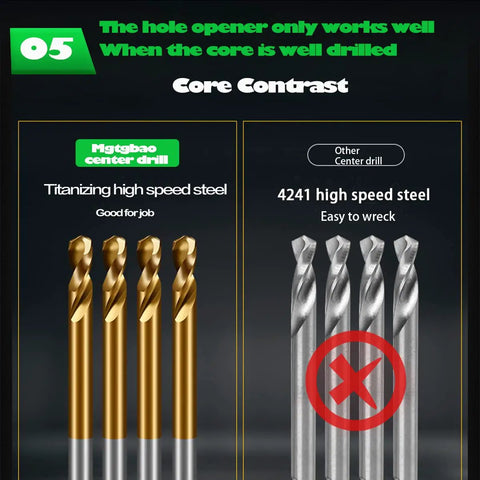 Comparison of Migtbao titanzing high speed steel center drills and 4241 high speed steel center drills from 10 Piece Carbide Hole Saw Kit.