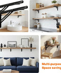 Heavy Duty Folding Shelf Brackets 12 Inch 2 Pack Wall Mounted Drop Down Table for Home or Workspace Space Saving Counter Supports 400 Pounds Black with Rock Solid Hinge in various setups.