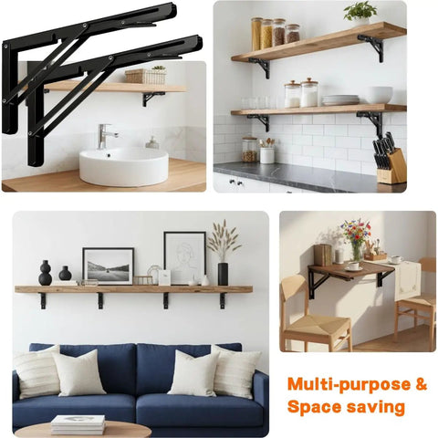 Heavy Duty Folding Shelf Brackets 12 Inch 2 Pack Wall Mounted Drop Down Table for Home or Workspace Space Saving Counter Supports 400 Pounds Black with Rock Solid Hinge in various setups.