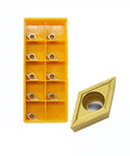 10 Piece DCMT21.51 DCMT070204 Diamond Carbide Lathe Inserts in yellow case for CNC machining, 3/32 inch thick, 1/64 inch radius