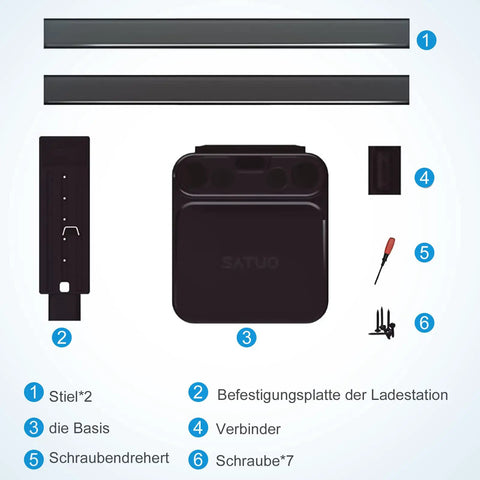 Components of Dyson Vacuum Stand Wall Mount Docking Holder With 6 To 8 Accessory Storage Slots, including screws and base.