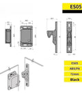 Technical drawing of Push To Close Cabinet Latch For Drawers With Grabber Catch Mechanism in ES05 model, black, 72mm dimensions