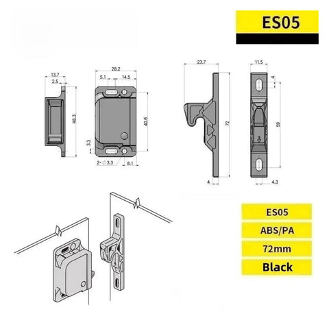 Technical drawing of Push To Close Cabinet Latch For Drawers With Grabber Catch Mechanism in ES05 model, black, 72mm dimensions